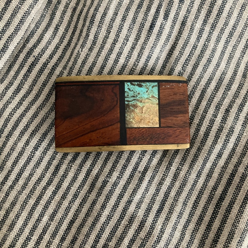 Kenneth Reid Vintage 1970’s Inlaid Wood Brass & Turquoise Belt Buckle